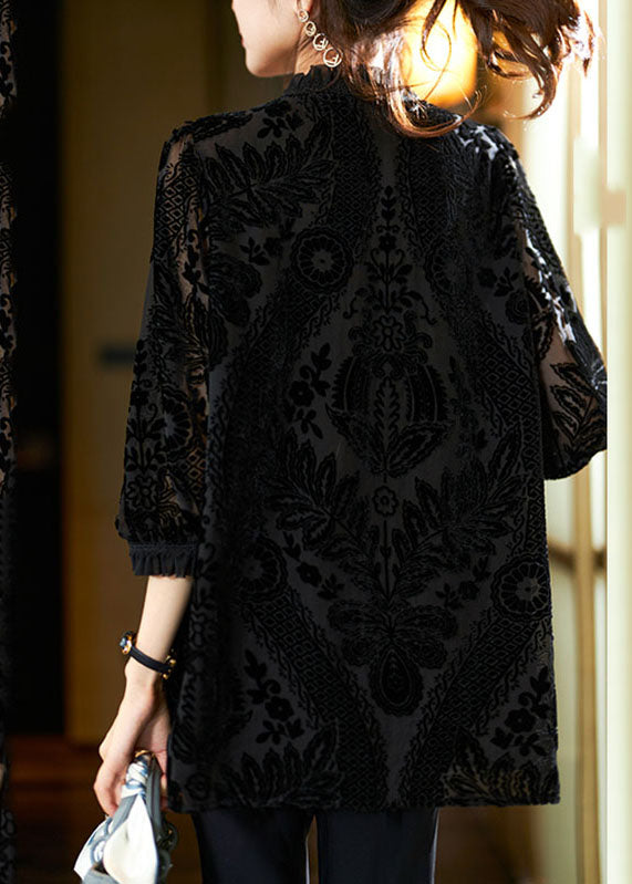 Black Ruffled Patchwork Velour Shirts Fall