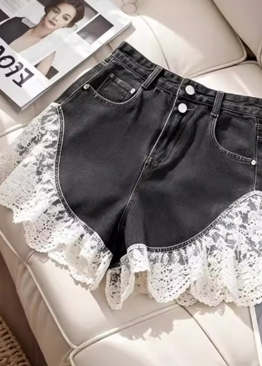 Black Silm Fit Lace Patchwork Denim Shorts Summer