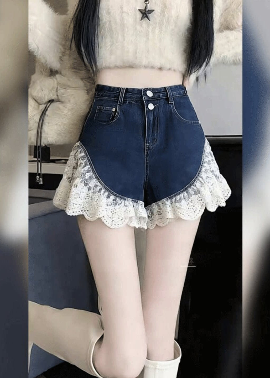 Black Silm Fit Lace Patchwork Denim Shorts Summer