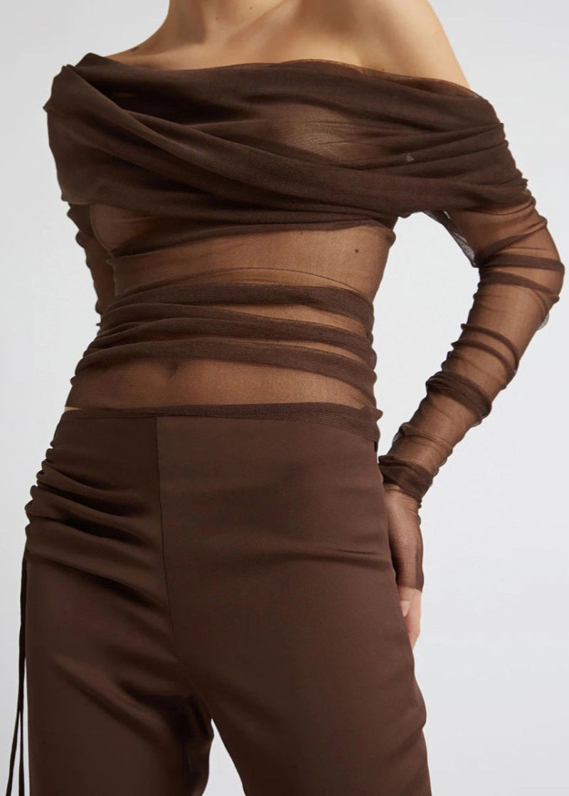 Black Slash Neck Pleated Tulle Long Sleeved Slim Fit T-shirt