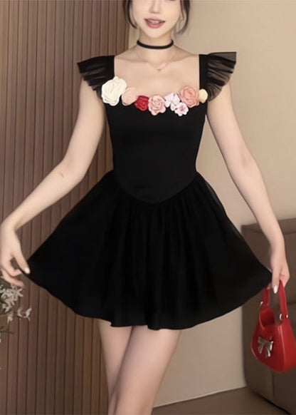 Black Square Collar Cotton Mid Dress Summer