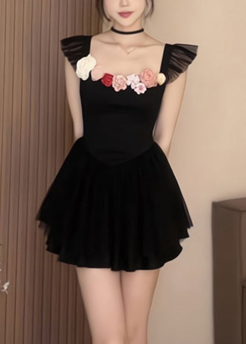 Black Square Collar Cotton Mid Dress Summer