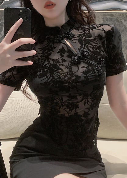 Black Stand Collar Embroideried Tulle Shirts Short Sleeve