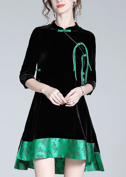 Black Stand Collar Print Low High Design Silk Velour Maxi Dresses Long Sleeve