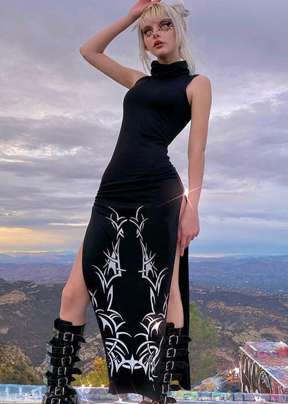 Black Turtleneck Print Side Open Cotton Robe Long Dresses Sleeveless