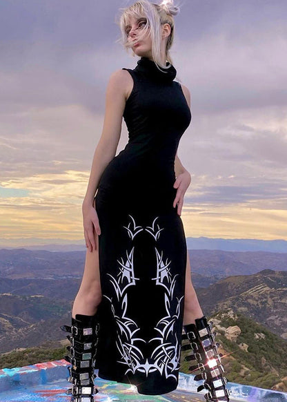 Black Turtleneck Print Side Open Cotton Robe Long Dresses Sleeveless