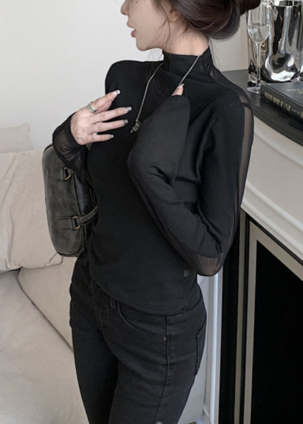 Sexy Black Turtleneck Tulle Patchwork T Shirt Long Sleeve