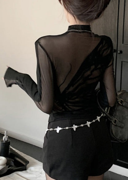 Sexy Black Turtleneck Tulle Patchwork T Shirt Long Sleeve
