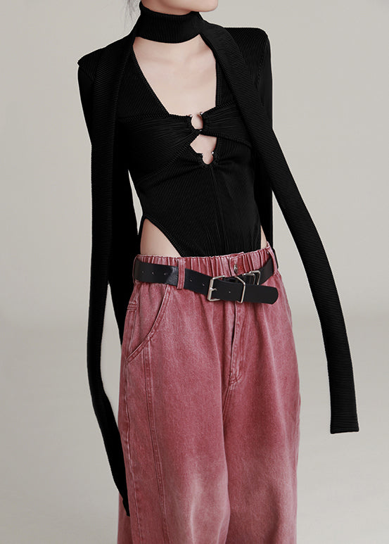 Black U Neck Hollow Out Knit Jumpsuit Long Sleeve