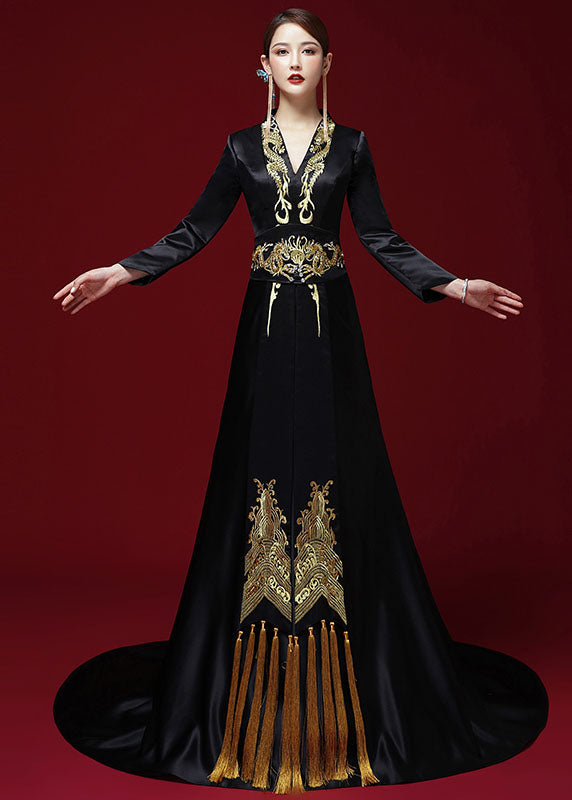 Black V Neck Embroidered Silk Maxi Dress Long Sleeve