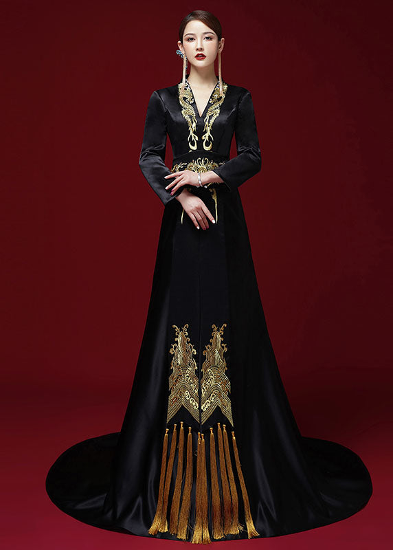 Black V Neck Embroidered Silk Maxi Dress Long Sleeve