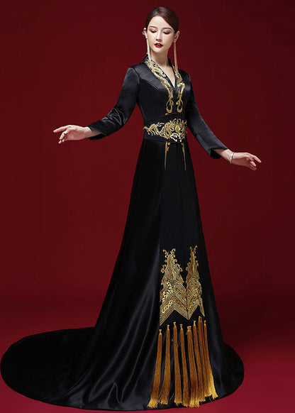 Black V Neck Embroidered Silk Maxi Dress Long Sleeve