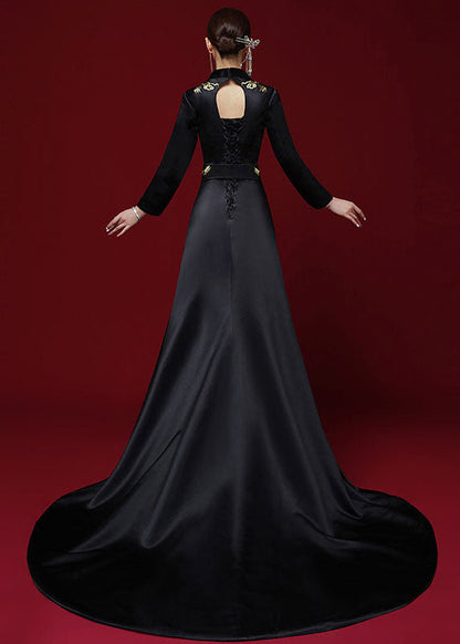 Black V Neck Embroidered Silk Maxi Dress Long Sleeve