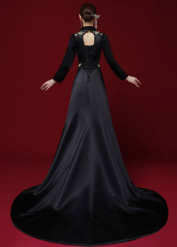 Black V Neck Embroidered Silk Maxi Dress Long Sleeve