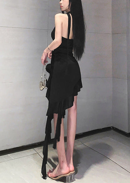Black V Neck Lace Up Cotton Mid Dress Sleeveless