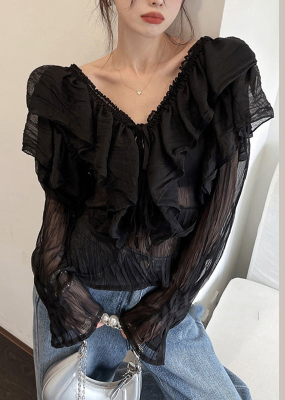 Black V Neck Ruffled Chiffon Shirts Long Sleeve