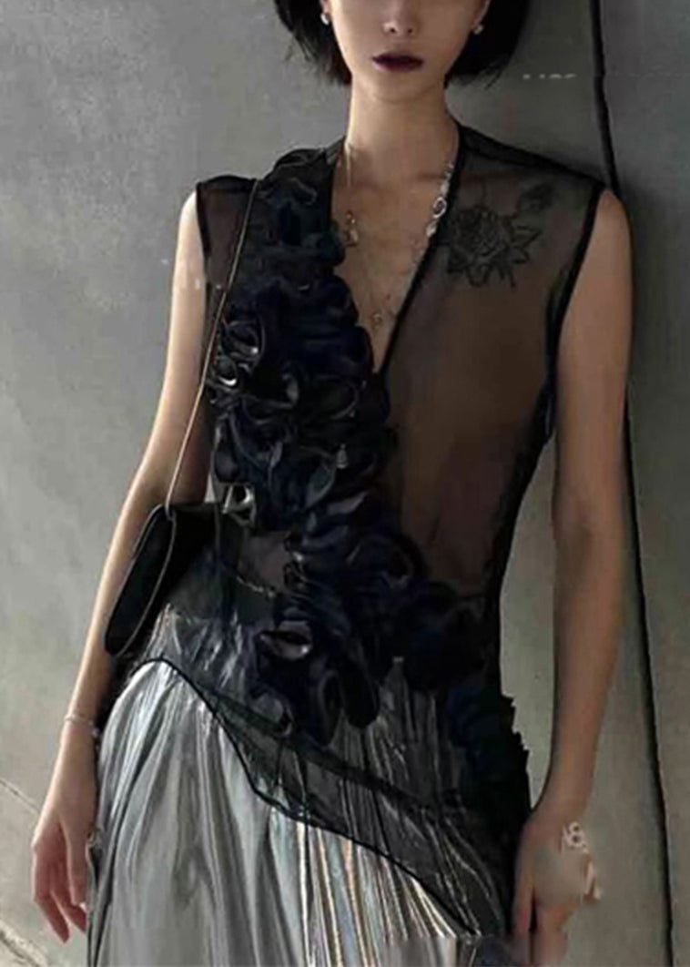 Black V Neck Ruffled Original Design Tulle Top Sleeveless