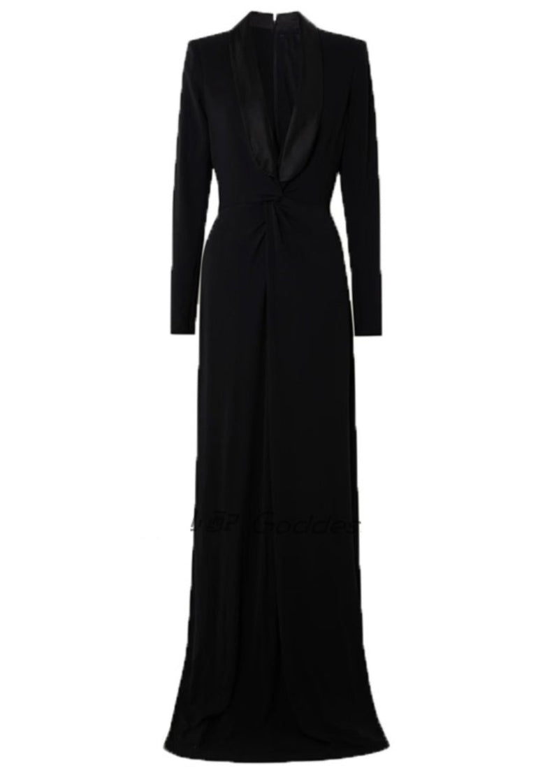 Black V Neck Slim Maxi Vestidos Spring