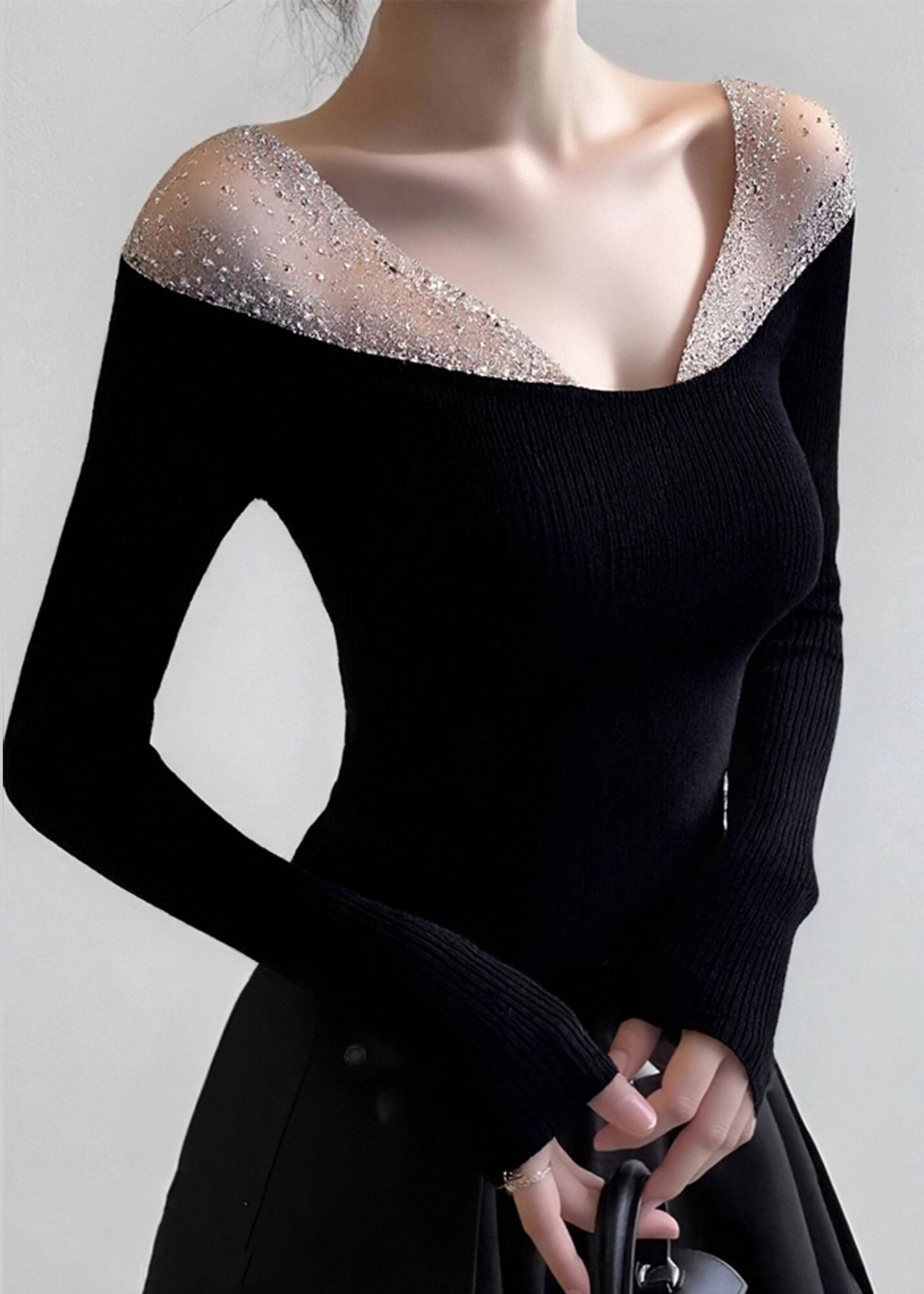 Black V-neck Tulle Patchwork Knit Top Spring