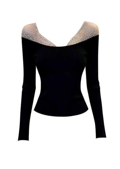 Black V-neck Tulle Patchwork Knit Top Spring