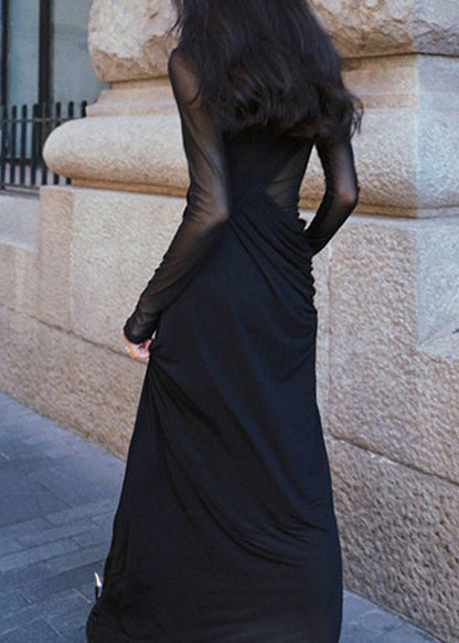 Black Wrinkled Perspective Tulle Long Dress Fall
