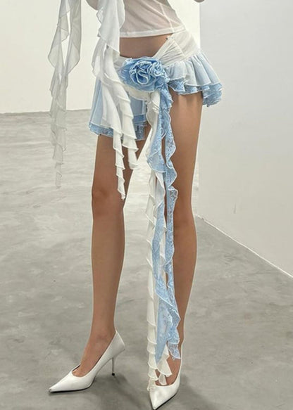 Blue Asymmetrical Elastic Waist Lace Skirts Summer