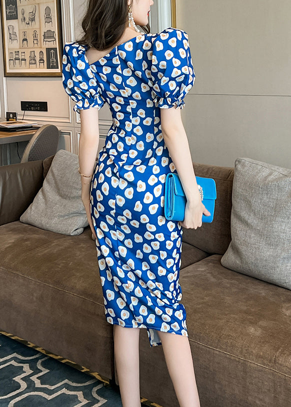Blue Asymmetrical Print Maxi Dresses Short Sleeve