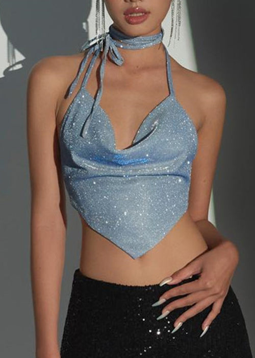 Blue Backless Button Lace Up Tanks Sleeveless