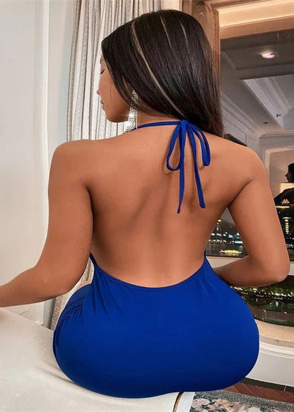Blue Backless Wraped Halter Dress Summer