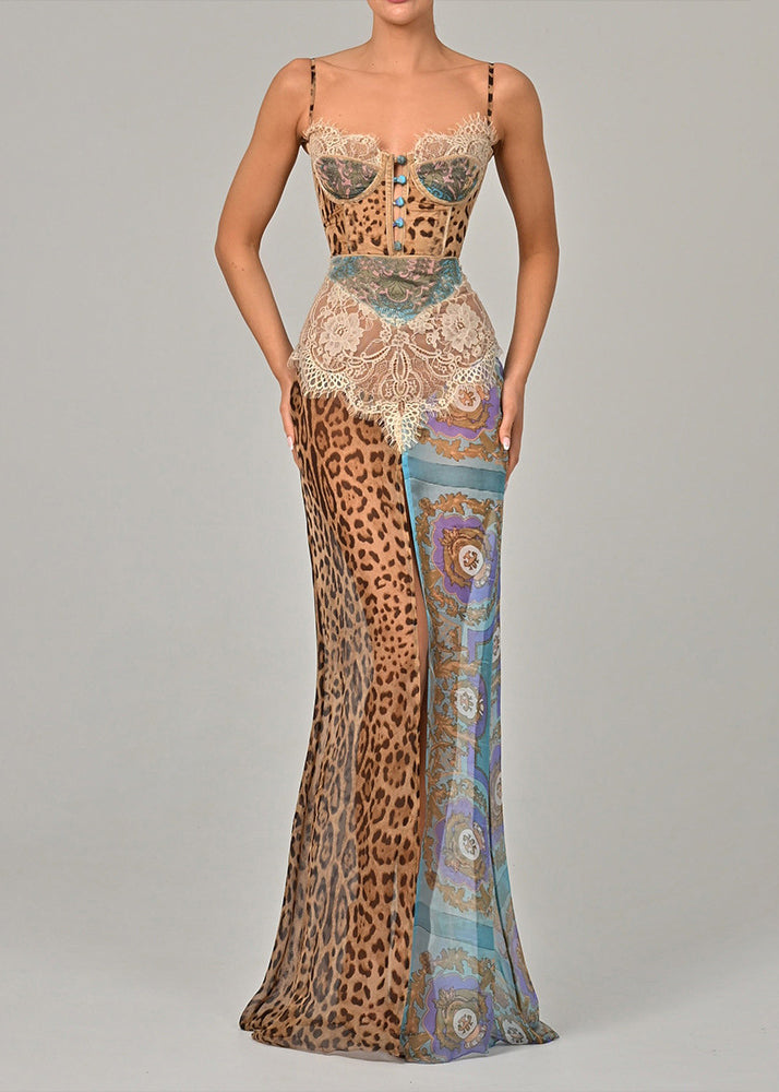 Blue Leopard Lace Patchwork Chiffon Spaghetti Strap Dress Sleeveless