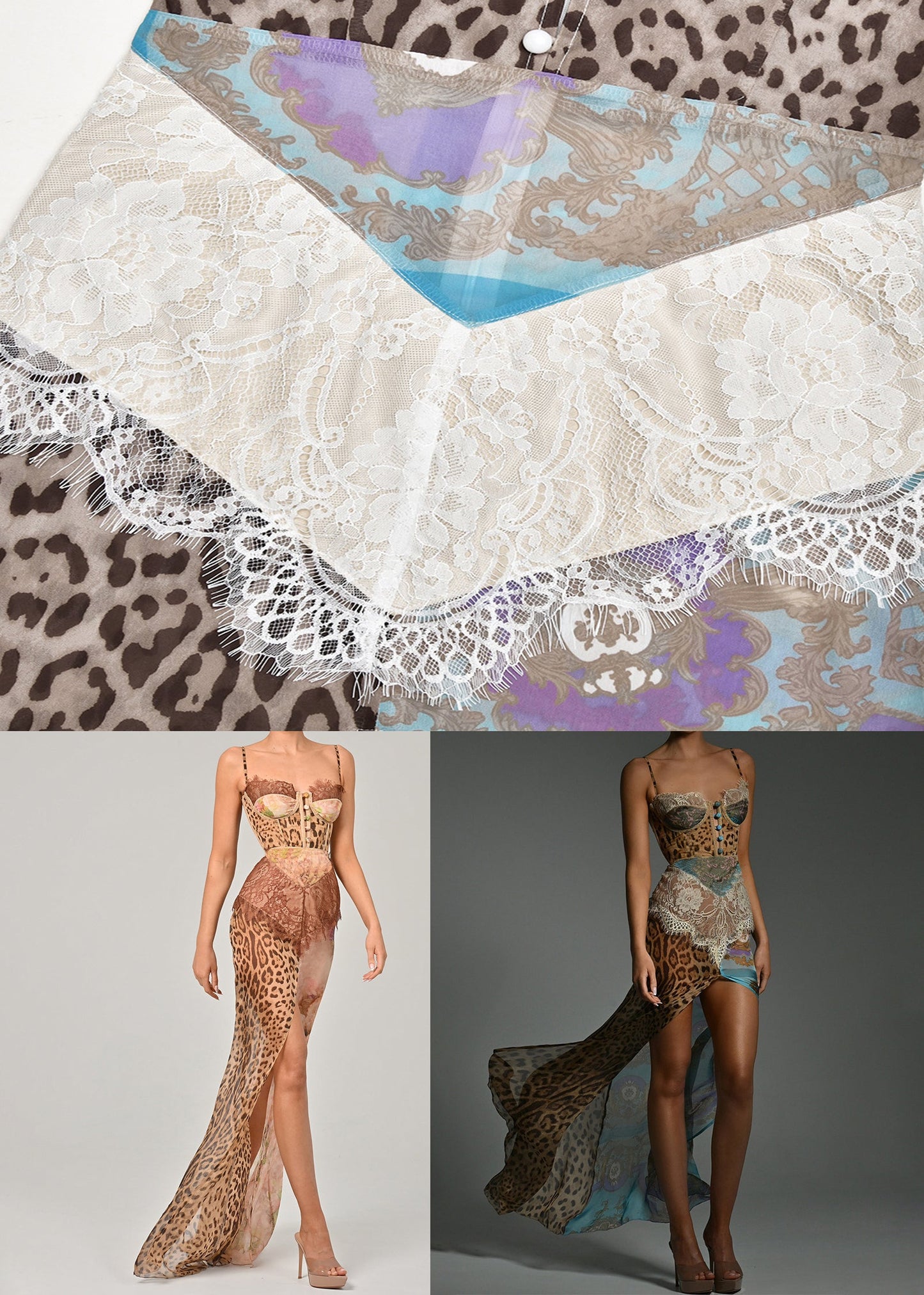 Blue Leopard Lace Patchwork Chiffon Spaghetti Strap Dress Sleeveless