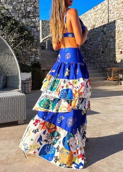 Blue Lingerie and Maxi Cake Skirts Two Pieces Set Summer
