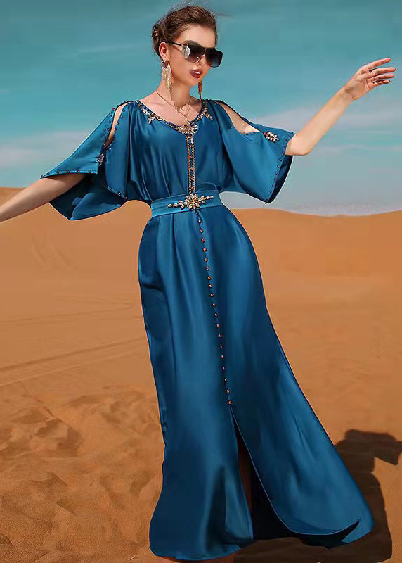 Blue O-neck Patchwork Zircon Satin Maxi Dress Short Sleeve