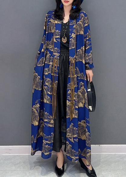 Blue Peter Pan Collar Print Slim Maxi Trench Coats Long Sleeve