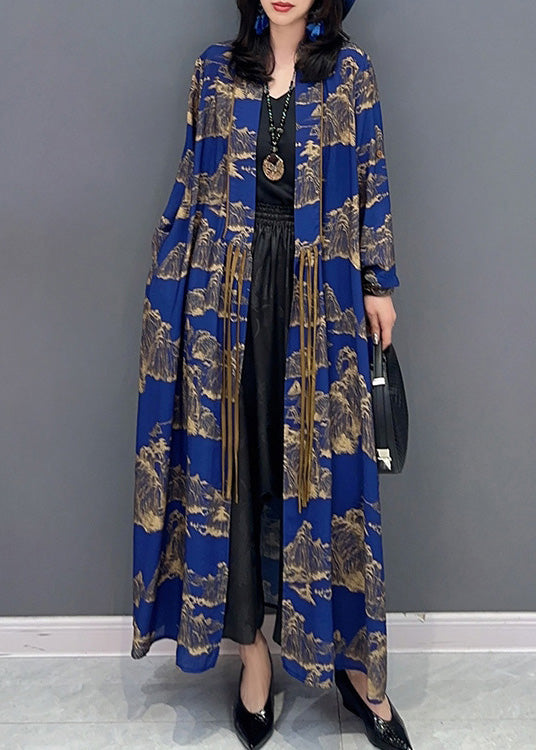 Blue Peter Pan Collar Print Slim Maxi Trench Coats Long Sleeve