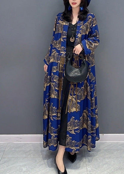 Blue Peter Pan Collar Print Slim Maxi Trench Coats Long Sleeve