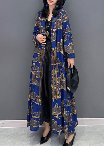 Blue Peter Pan Collar Print Slim Maxi Trench Coats Long Sleeve