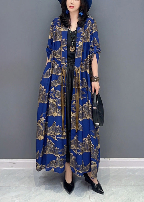 Blue Peter Pan Collar Print Slim Maxi Trench Coats Long Sleeve