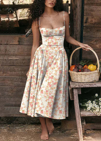Blue Print Bustier Top Cotton Spaghetti Strap Dress Sleeveless