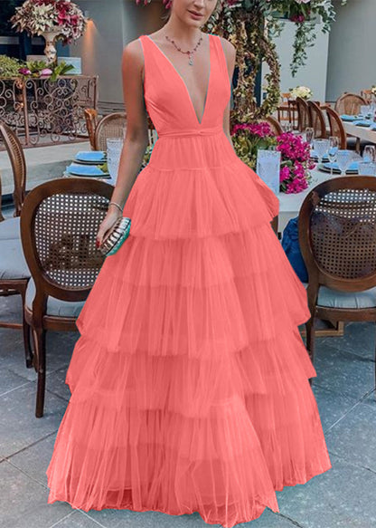 Blue V Neck High Waist Tulle Dress Sleeveless