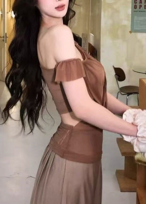 Brown Asymmetrical Cold Shoulder Tulle Top Summer