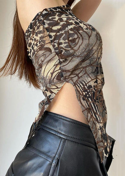 Brown Asymmetrical Print Tulle Tank Sleeveless