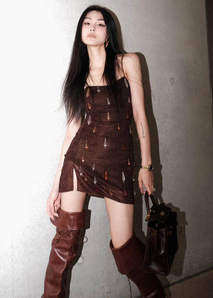 Brown Crystal Decorated Side Open Silk Spaghetti Strap Mini Dress Summer