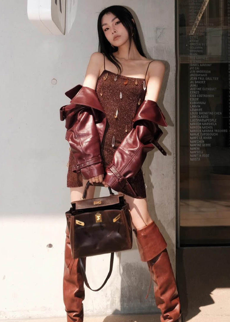 Brown Crystal Decorated Side Open Silk Spaghetti Strap Mini Dress Summer