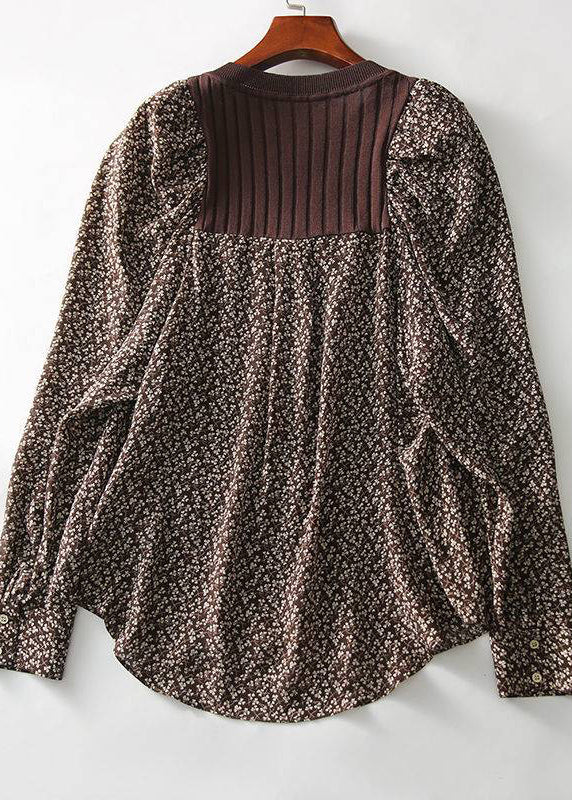Brown O-neck Print Patchwork Button Knit Shirt Long Sleeve