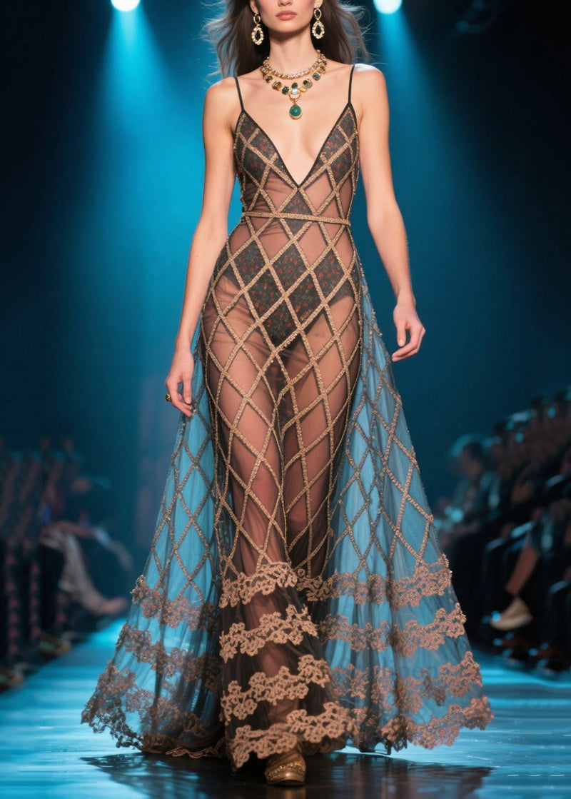 Brown Plaid Silm Fit Tulle Party Dress Summer