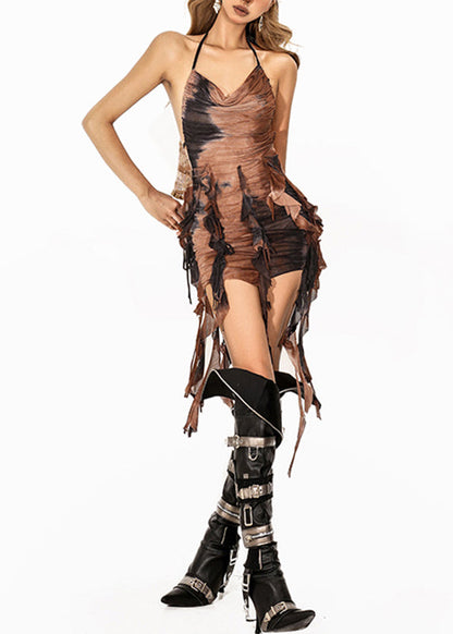 Coffee Asymmetrical Backless Tie Dye Tunic Mid Dress Sleeveless