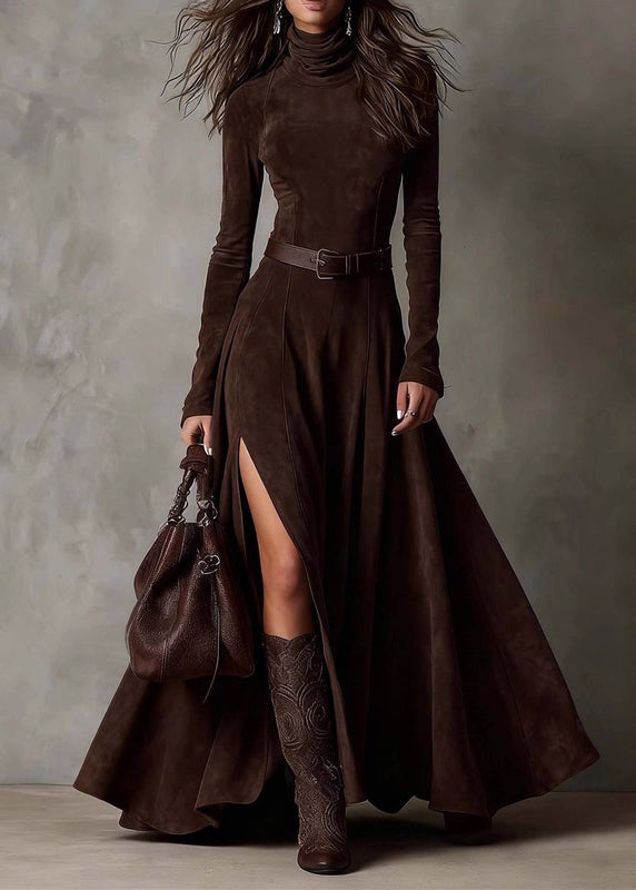 Coffee Patchwork Sashes Side Open Maxi Dresses Spring
