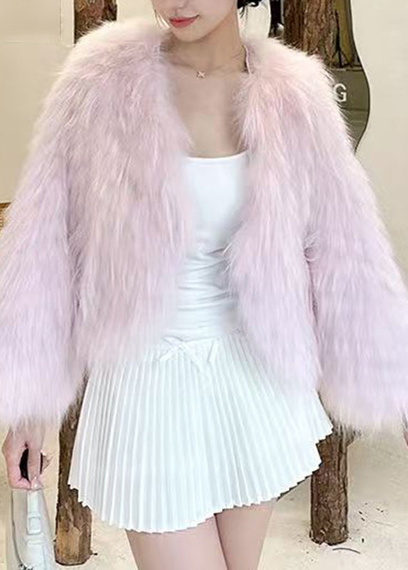 Coffee V Neck Leather and Fur Coat Spring