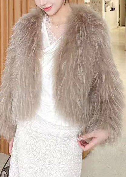 Coffee V Neck Leather and Fur Coat Spring